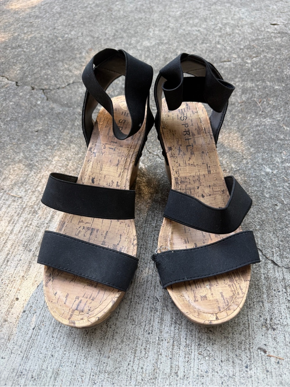 Spritz Black Elastic Strap Cork Wedge Sandals